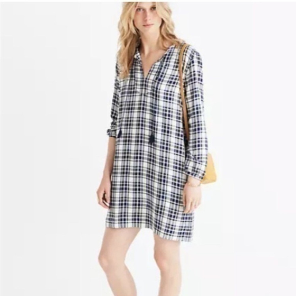 Madewell Plaid Artiste Tunic Shift Dress Long Sleeve‎ Large Blue White